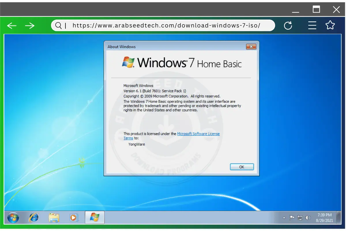تمثيل مرئي لنظام التشغيل Windows 7 Home Basic، يسلط الضوء على تخطيط سطح المكتب وشريط المهام ووظائف قائمة ابدأ
