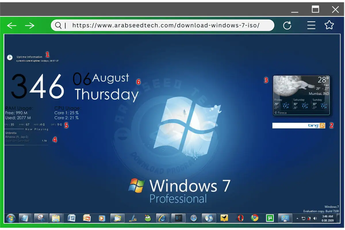 عرض سطح مكتب Windows 7 Professional يعرض الأيقونات وشريط المهام وقائمة البدء، مع تسليط الضوء على واجهته سهلة الاستخدام