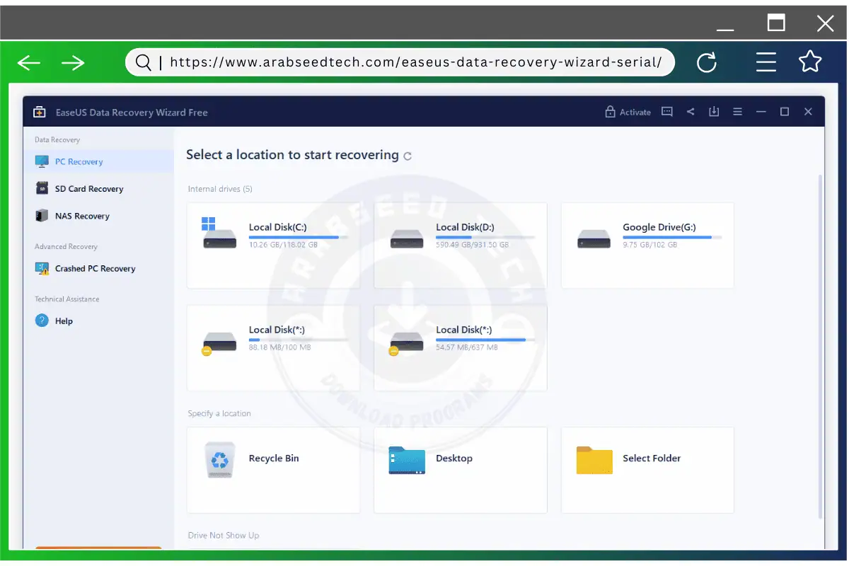 دليل موجز يوضح خطوة بخطوة عملية استرداد البيانات باستخدام تحميل برنامج Easeus Data Recovery Wizard.