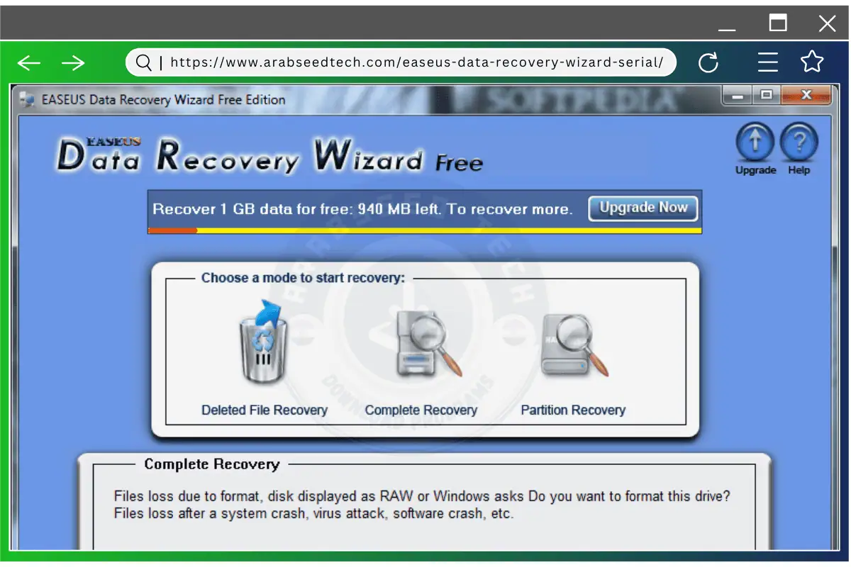 تسلط شاشة برنامج استعادة البيانات EaseUS الضوء على الأدوات سهلة الاستخدام لاستعادة الملفات المفقودة أو المحذوفة بكفاءة.