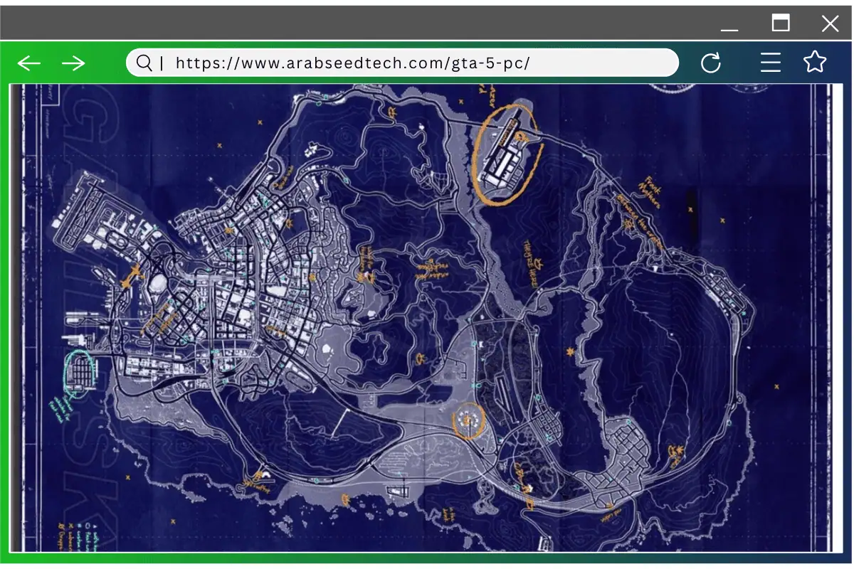 خريطة كاملة للعبة Grand Theft Auto V تتميز بتضاريس متنوعة ومناطق حضرية ومواقع بارزة لتجربة لعب غامرة