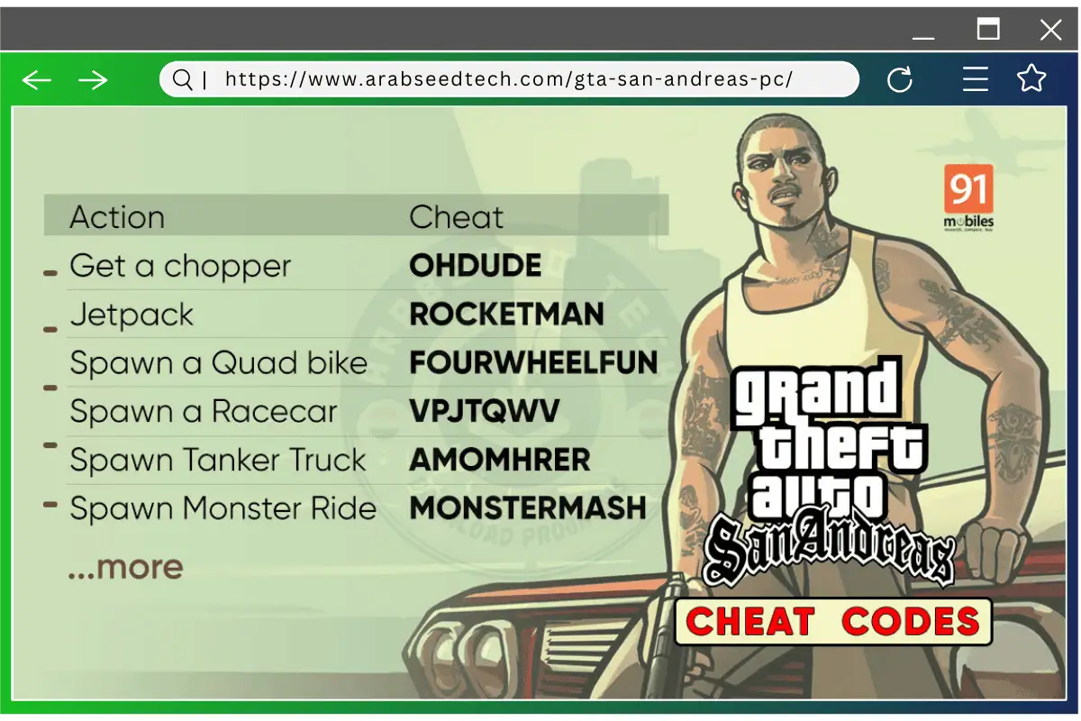 مخطط رموز الغش للعبة GTA San Andreas، مع التركيز على الأوامر الأساسية لتحسين تجربة اللاعب وميكانيكا اللعبة