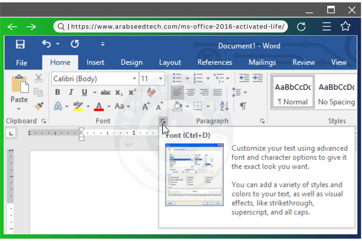 مساحة عمل تحميل مايكروسوفت اوفيس 2016 مفعل مدى الحياة Word تعرض مستندًا فارغًا مع أشرطة أدوات وقوائم لتحرير النص وتنسيقه